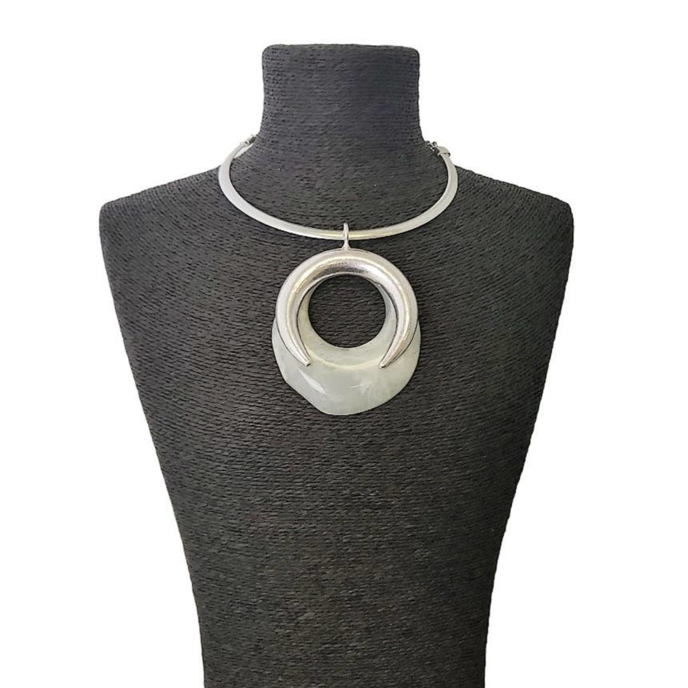 Handmade Silver Half Moon Enamel Pendant Egyptian Collar Statement Necklace